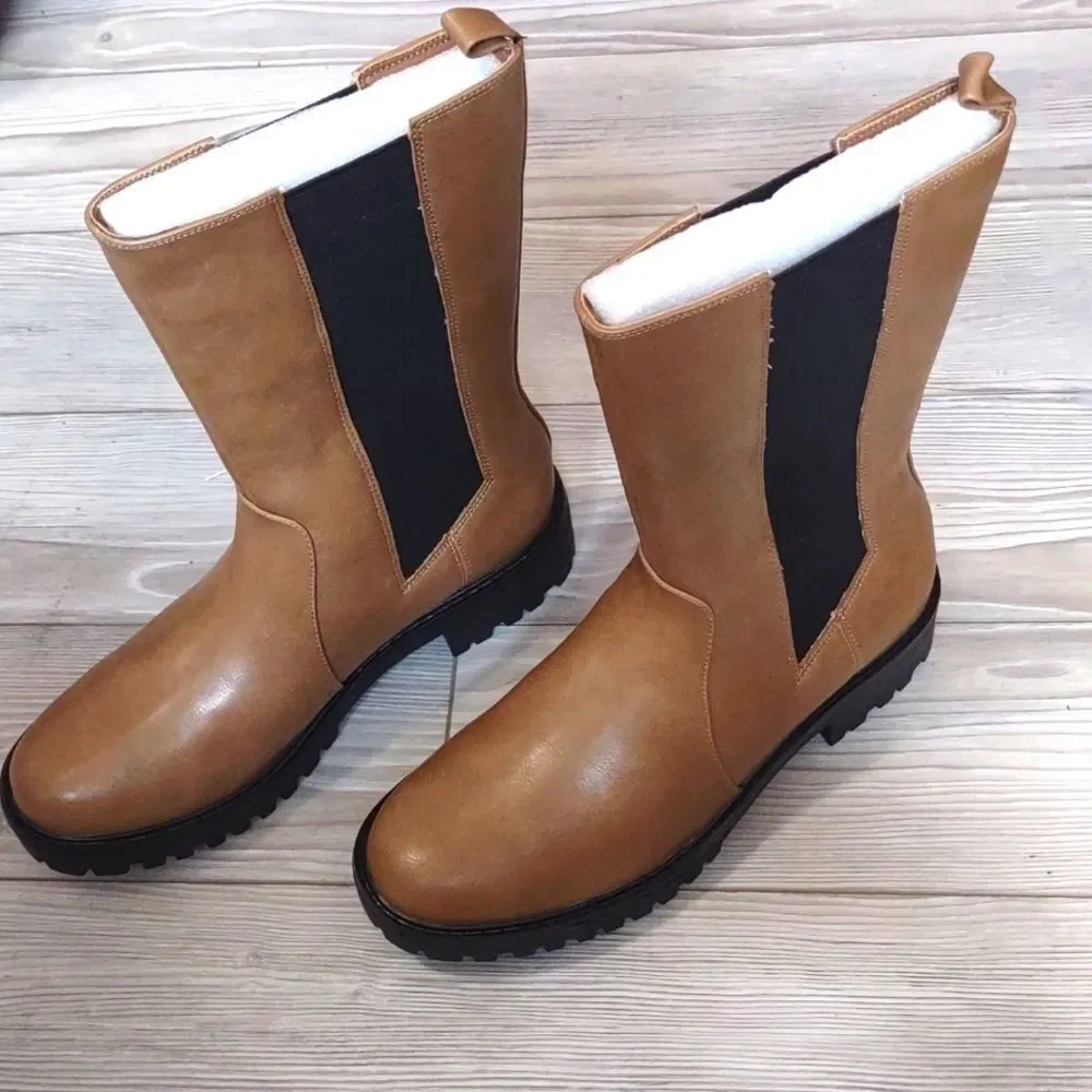 (C-4544) ZBY Chelsea Boots for Women Mid Calf Lug Sole Booties Sz 6.5